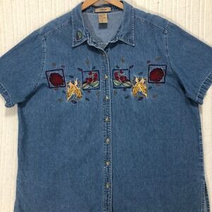 Just My Size Denim Shirt Embroidered Fall Leaves Short Sleeve Top Women's 18W/20
